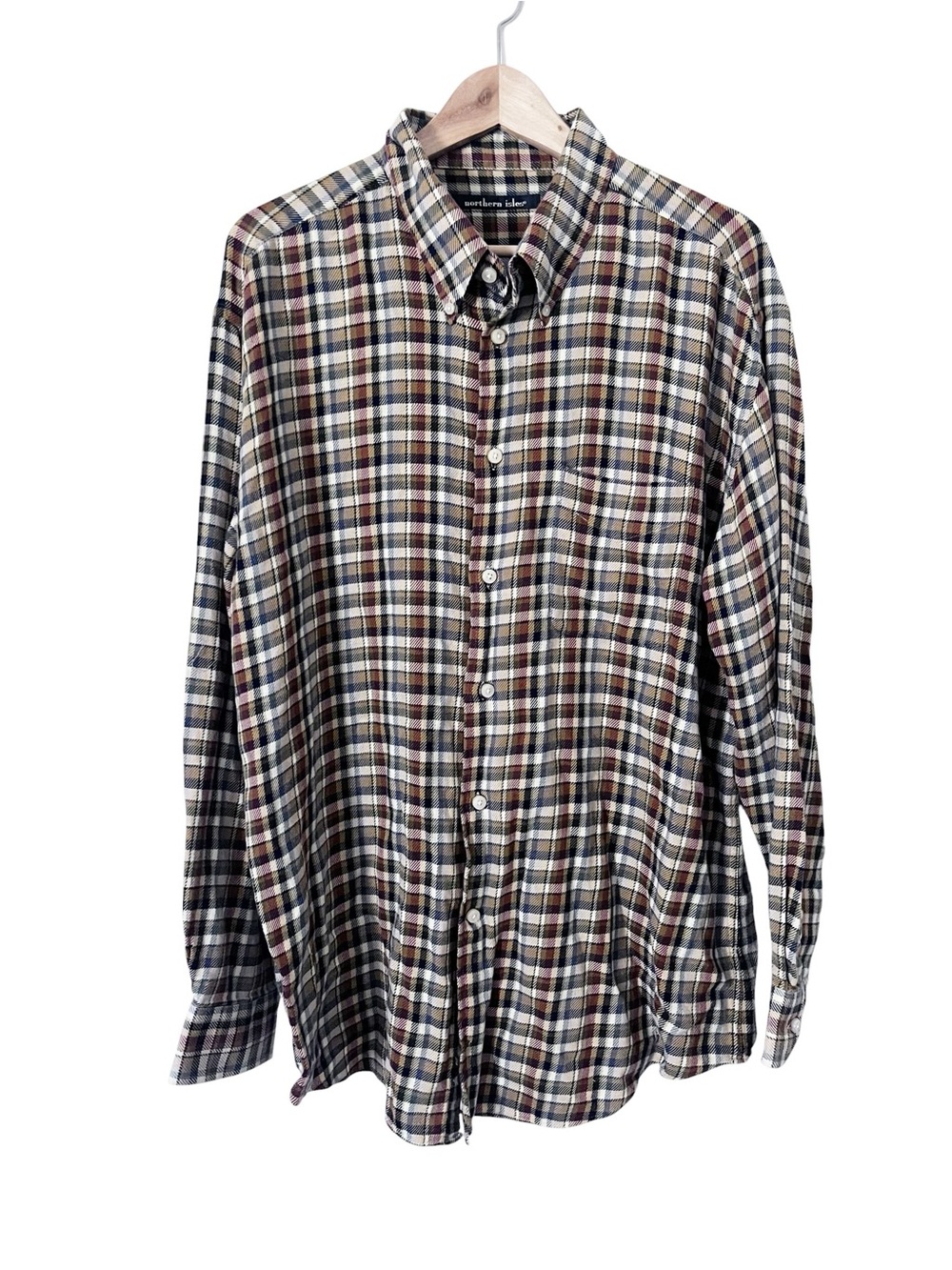 Northern Isles Men's Brown Blue Plaid Cotton Flannel Button-Down Shirt XXL‎